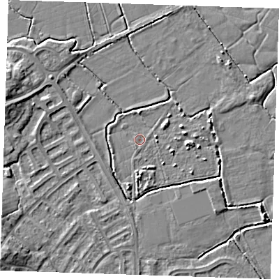Shaded relief map of the ground around BN237QG, computed from Environment Agency LiDAR. The ground here sits at about 3 m above sea level and falls 7 m across the surrounding 800 m. Surface water reaching this point runs off ground lying to the east-north-east, 0.6 m higher.