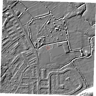 Shaded relief map of the ground around BN237QH, computed from Environment Agency LiDAR. The ground here sits at about 3 m above sea level and falls 6 m across the surrounding 800 m. Surface water reaching this point runs off ground lying to the south-west, 0.5 m higher.