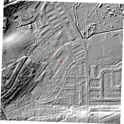 Shaded relief map of the ground around BN237QJ, computed from Environment Agency LiDAR. The ground here sits at about 3 m above sea level and falls 14 m across the surrounding 800 m. Surface water reaching this point runs off ground lying to the west-south-west, 11.3 m higher.