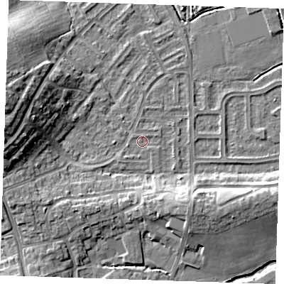 Shaded relief map of the ground around BN237QL, computed from Environment Agency LiDAR. The ground here sits at about 3 m above sea level and falls 13 m across the surrounding 800 m. Surface water reaching this point runs off ground lying to the south-south-east, 4.8 m higher.
