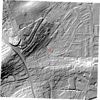 Shaded relief map of the ground around BN237QP, computed from Environment Agency LiDAR. The ground here sits at about 3 m above sea level and falls 16 m across the surrounding 800 m. Surface water reaching this point runs off ground lying to the west-north-west, 11.3 m higher.