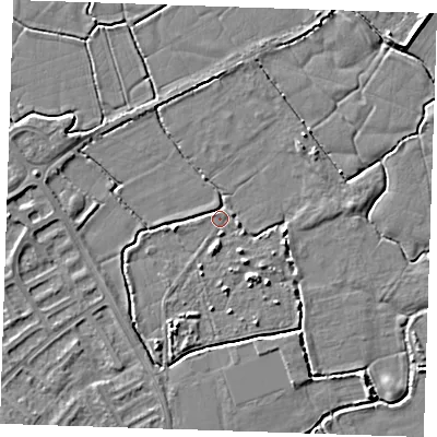 Shaded relief map of the ground around BN237QQ, computed from Environment Agency LiDAR. The ground here sits at about 3 m above sea level and falls 4 m across the surrounding 800 m. Surface water reaching this point runs off ground lying to the west, 3.1 m higher.