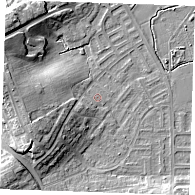Shaded relief map of the ground around BN237QR, computed from Environment Agency LiDAR. The ground here sits at about 4 m above sea level and falls 17 m across the surrounding 800 m. Surface water reaching this point runs off ground lying to the west-south-west, 8.2 m higher.