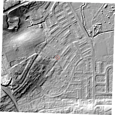 Shaded relief map of the ground around BN237QS, computed from Environment Agency LiDAR. The ground here sits at about 3 m above sea level and falls 15 m across the surrounding 800 m. Surface water reaching this point runs off ground lying to the west-south-west, 11.4 m higher.