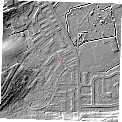 Shaded relief map of the ground around BN237QT, computed from Environment Agency LiDAR. The ground here sits at about 3 m above sea level and falls 12 m across the surrounding 800 m. Surface water reaching this point runs off ground lying to the west-south-west, 10.7 m higher.