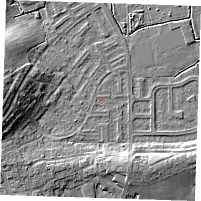 Shaded relief map of the ground around BN237QX, computed from Environment Agency LiDAR. The ground here sits at about 3 m above sea level and falls 12 m across the surrounding 800 m. Surface water reaching this point runs off ground lying to the north-north-west, 0.6 m higher.