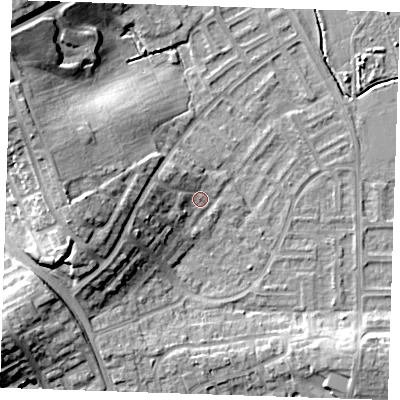 Shaded relief map of the ground around BN237QY, computed from Environment Agency LiDAR. The ground here sits at about 4 m above sea level and falls 17 m across the surrounding 800 m. Surface water reaching this point runs off ground lying to the west-south-west, 9.5 m higher.