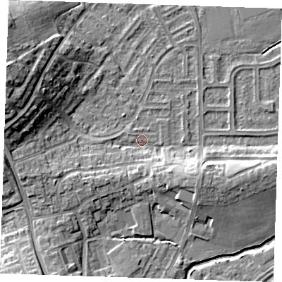 Shaded relief map of the ground around BN237QZ, computed from Environment Agency LiDAR. The ground here sits at about 3 m above sea level and falls 14 m across the surrounding 800 m. Surface water reaching this point runs off ground lying to the south-east, 4.8 m higher.