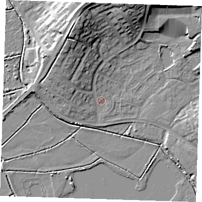 Shaded relief map of the ground around BN237RA, computed from Environment Agency LiDAR. The ground here sits at about 3 m above sea level and falls 19 m across the surrounding 800 m. Surface water reaching this point runs off ground lying to the north-north-west, 15.6 m higher.