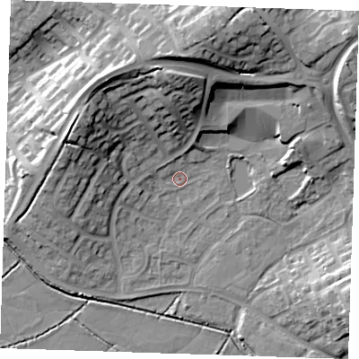 Shaded relief map of the ground around BN237RU, computed from Environment Agency LiDAR. The ground here sits at about 3 m above sea level and falls 23 m across the surrounding 800 m. Surface water reaching this point runs off ground lying to the north-north-west, 18.3 m higher.