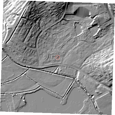 Shaded relief map of the ground around BN237RX, computed from Environment Agency LiDAR. The ground here sits at about 3 m above sea level and falls 18 m across the surrounding 800 m. Surface water reaching this point runs off ground lying to the north-west, 16.3 m higher.