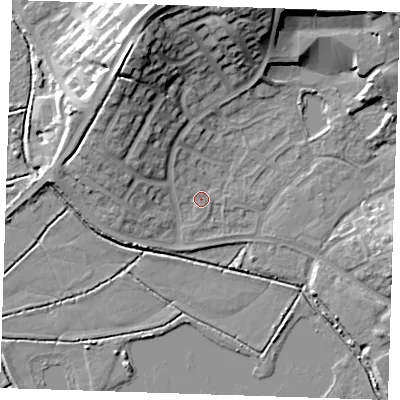 Shaded relief map of the ground around BN237RY, computed from Environment Agency LiDAR. The ground here sits at about 3 m above sea level and falls 19 m across the surrounding 800 m. Surface water reaching this point runs off ground lying to the north-west, 1.5 m higher.
