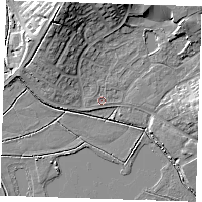 Shaded relief map of the ground around BN237SA, computed from Environment Agency LiDAR. The ground here sits at about 3 m above sea level and falls 18 m across the surrounding 800 m. Surface water reaching this point runs off ground lying to the north-north-west, 16.1 m higher.