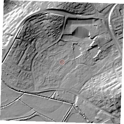 Shaded relief map of the ground around BN237SB, computed from Environment Agency LiDAR. The ground here sits at about 3 m above sea level and falls 23 m across the surrounding 800 m. Surface water reaching this point runs off ground lying to the north-north-east, 0.7 m higher.