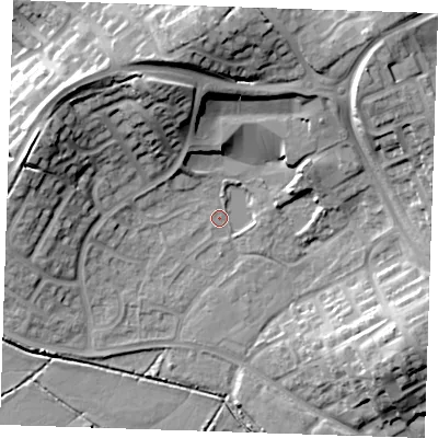 Shaded relief map of the ground around BN237SD, computed from Environment Agency LiDAR. The ground here sits at about 3 m above sea level and falls 23 m across the surrounding 800 m. Surface water reaching this point runs off ground lying to the north, 21.1 m higher.