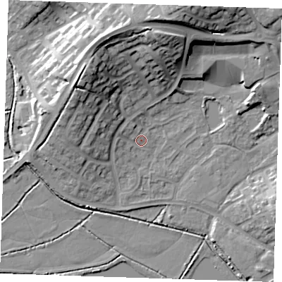 Shaded relief map of the ground around BN237SG, computed from Environment Agency LiDAR. The ground here sits at about 3 m above sea level and falls 23 m across the surrounding 800 m. Surface water reaching this point runs off ground lying to the west-north-west, 2.4 m higher.