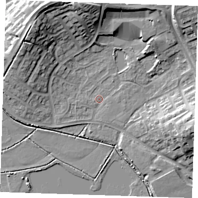Shaded relief map of the ground around BN237SH, computed from Environment Agency LiDAR. The ground here sits at about 3 m above sea level and falls 20 m across the surrounding 800 m. Surface water reaching this point runs off ground lying to the north, 18.6 m higher.