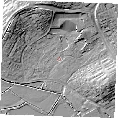 Shaded relief map of the ground around BN237SJ, computed from Environment Agency LiDAR. The ground here sits at about 3 m above sea level and falls 22 m across the surrounding 800 m. Surface water reaching this point runs off ground lying to the north, 20.6 m higher.