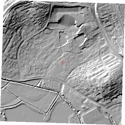 Shaded relief map of the ground around BN237SL, computed from Environment Agency LiDAR. The ground here sits at about 3 m above sea level and falls 20 m across the surrounding 800 m. Surface water reaching this point runs off ground lying to the north-north-east, 0.5 m higher.