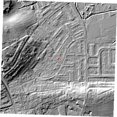 Shaded relief map of the ground around BN237SN, computed from Environment Agency LiDAR. The ground here sits at about 3 m above sea level and falls 14 m across the surrounding 800 m. Surface water reaching this point runs off ground lying to the west, 11.4 m higher.