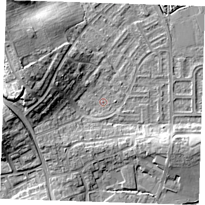 Shaded relief map of the ground around BN237SP, computed from Environment Agency LiDAR. The ground here sits at about 3 m above sea level and falls 15 m across the surrounding 800 m. Surface water reaching this point runs off ground lying to the west, 11.3 m higher.