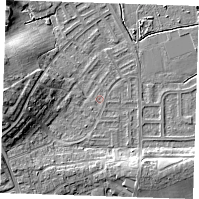 Shaded relief map of the ground around BN237SR, computed from Environment Agency LiDAR. The ground here sits at about 3 m above sea level and falls 14 m across the surrounding 800 m. The ground contributing surface water to this point lies to the east-south-east.