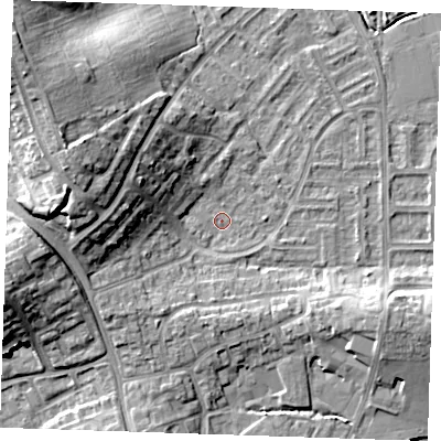 Shaded relief map of the ground around BN237SW, computed from Environment Agency LiDAR. The ground here sits at about 3 m above sea level and falls 15 m across the surrounding 800 m. Surface water reaching this point runs off ground lying to the west, 11.3 m higher.