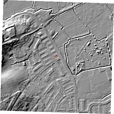 Shaded relief map of the ground around BN237TA, computed from Environment Agency LiDAR. The ground here sits at about 3 m above sea level and falls 13 m across the surrounding 800 m. Surface water reaching this point runs off ground lying to the north, 0.5 m higher.