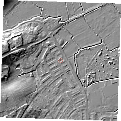 Shaded relief map of the ground around BN237TB, computed from Environment Agency LiDAR. The ground here sits at about 3 m above sea level and falls 14 m across the surrounding 800 m. Surface water reaching this point runs off ground lying to the west-north-west, 1.3 m higher.