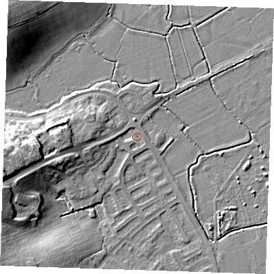 Shaded relief map of the ground around BN237TD, computed from Environment Agency LiDAR. The ground here sits at about 3 m above sea level and falls 16 m across the surrounding 800 m. Surface water reaching this point runs off ground lying to the west, 2.1 m higher.