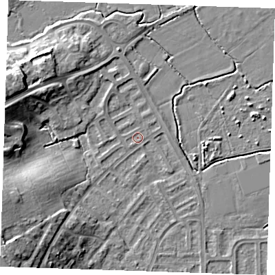 Shaded relief map of the ground around BN237TE, computed from Environment Agency LiDAR. The ground here sits at about 3 m above sea level and falls 15 m across the surrounding 800 m. Surface water reaching this point runs off ground lying to the south-west, 13.8 m higher.
