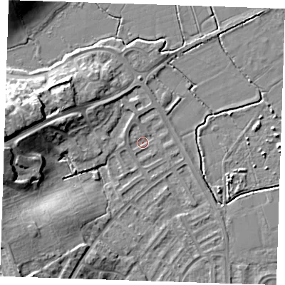 Shaded relief map of the ground around BN237TF, computed from Environment Agency LiDAR. The ground here sits at about 3 m above sea level and falls 15 m across the surrounding 800 m. Surface water reaching this point runs off ground lying to the north-west, 1.3 m higher.
