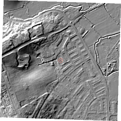Shaded relief map of the ground around BN237TH, computed from Environment Agency LiDAR. The ground here sits at about 3 m above sea level and falls 17 m across the surrounding 800 m. Surface water reaching this point runs off ground lying to the west-north-west, 16.1 m higher.