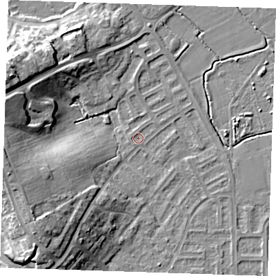 Shaded relief map of the ground around BN237TJ, computed from Environment Agency LiDAR. The ground here sits at about 3 m above sea level and falls 17 m across the surrounding 800 m. Surface water reaching this point runs off ground lying to the west-north-west, 0.7 m higher.