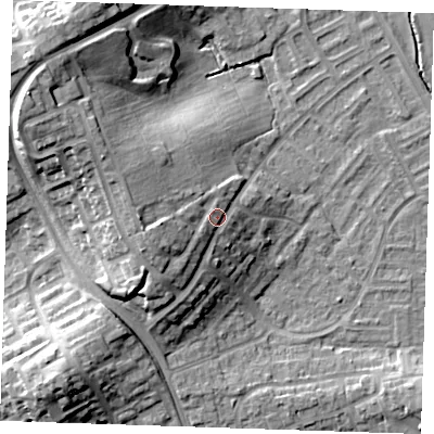 Shaded relief map of the ground around BN237TL, computed from Environment Agency LiDAR. The ground here sits at about 10 m above sea level and falls 19 m across the surrounding 800 m. Surface water reaching this point runs off ground lying to the west-south-west, 4.9 m higher.