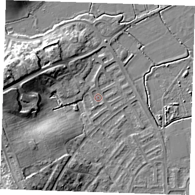 Shaded relief map of the ground around BN237TQ, computed from Environment Agency LiDAR. The ground here sits at about 3 m above sea level and falls 17 m across the surrounding 800 m. Surface water reaching this point runs off ground lying to the south, 0.9 m higher.