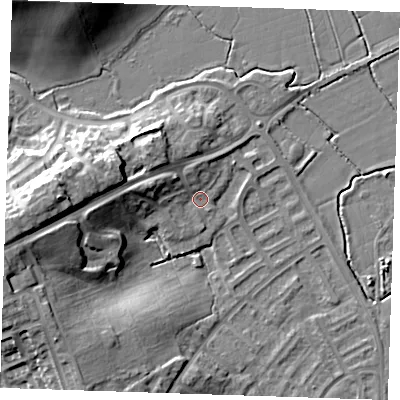 Shaded relief map of the ground around BN237TS, computed from Environment Agency LiDAR. The ground here sits at about 4 m above sea level and falls 18 m across the surrounding 800 m. Surface water reaching this point runs off ground lying to the west-south-west, 15.5 m higher.
