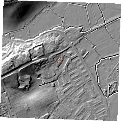 Shaded relief map of the ground around BN237TU, computed from Environment Agency LiDAR. The ground here sits at about 4 m above sea level and falls 18 m across the surrounding 800 m. Surface water reaching this point runs off ground lying to the west-south-west, 15.4 m higher.