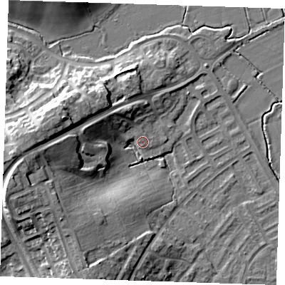 Shaded relief map of the ground around BN237TX, computed from Environment Agency LiDAR. The ground here sits at about 5 m above sea level and falls 19 m across the surrounding 800 m. Surface water reaching this point runs off ground lying to the west-south-west, 17.6 m higher.