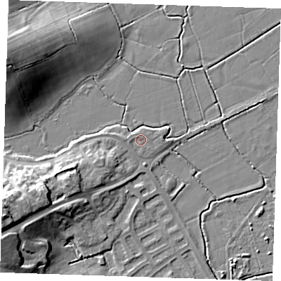Shaded relief map of the ground around BN238AF, computed from Environment Agency LiDAR. The ground here sits at about 4 m above sea level and falls 18 m across the surrounding 800 m. Surface water reaching this point runs off ground lying to the west-south-west, 0.8 m higher.