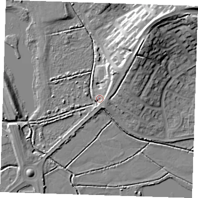 Shaded relief map of the ground around BN238AL, computed from Environment Agency LiDAR. The ground here sits at about 4 m above sea level and falls 22 m across the surrounding 800 m. Surface water reaching this point runs off ground lying to the north-east, 10.9 m higher.