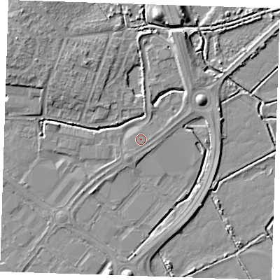 Shaded relief map of the ground around BN238AS, computed from Environment Agency LiDAR. The ground here sits at about 3 m above sea level and falls 7 m across the surrounding 800 m. The ground contributing surface water to this point lies to the west-south-west.