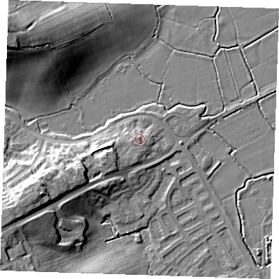 Shaded relief map of the ground around BN238AW, computed from Environment Agency LiDAR. The ground here sits at about 6 m above sea level and falls 22 m across the surrounding 800 m. Surface water reaching this point runs off ground lying to the west-south-west, 2.2 m higher.