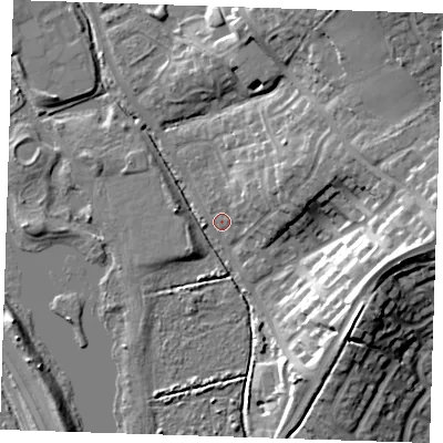 Shaded relief map of the ground around BN238BS, computed from Environment Agency LiDAR. The ground here sits at about 3 m above sea level and falls 19 m across the surrounding 800 m. Surface water reaching this point runs off ground lying to the north-east, 4.3 m higher.