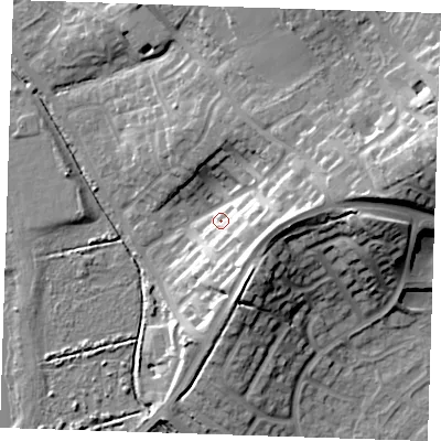 Shaded relief map of the ground around BN238BU, computed from Environment Agency LiDAR. The ground here sits at about 7 m above sea level and falls 23 m across the surrounding 800 m. Surface water reaching this point runs off ground lying to the east, 18.9 m higher.