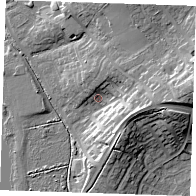 Shaded relief map of the ground around BN238BX, computed from Environment Agency LiDAR. The ground here sits at about 5 m above sea level and falls 23 m across the surrounding 800 m. Surface water reaching this point runs off ground lying to the east-north-east, 11.3 m higher.