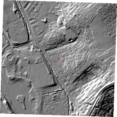 Shaded relief map of the ground around BN238DA, computed from Environment Agency LiDAR. The ground here sits at about 3 m above sea level and falls 18 m across the surrounding 800 m. Surface water reaching this point runs off ground lying to the east, 7.7 m higher.
