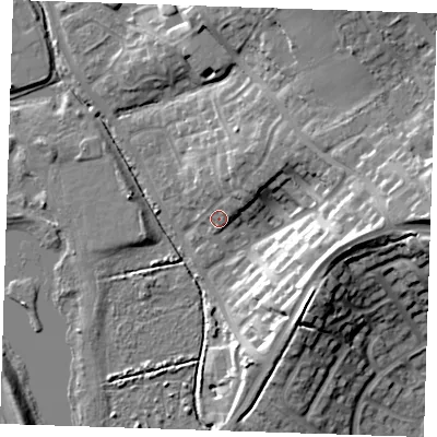Shaded relief map of the ground around BN238DB, computed from Environment Agency LiDAR. The ground here sits at about 5 m above sea level and falls 22 m across the surrounding 800 m. Surface water reaching this point runs off ground lying to the north-east, 9.2 m higher.