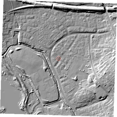 Shaded relief map of the ground around BN238EF, computed from Environment Agency LiDAR. The ground here sits at about 3 m above sea level and falls 14 m across the surrounding 800 m. Surface water reaching this point runs off ground lying to the south-east, 2.5 m higher.