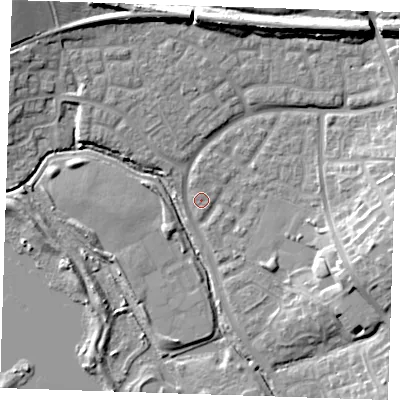 Shaded relief map of the ground around BN238EH, computed from Environment Agency LiDAR. The ground here sits at about 4 m above sea level and falls 13 m across the surrounding 800 m. Surface water reaching this point runs off ground lying to the east-south-east, 11.6 m higher.